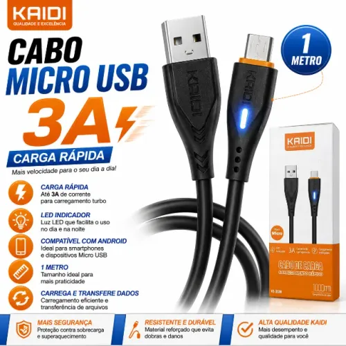 Cabo de Carga Rápida KAIDI Micro USB 3A com LED - 1 Metro