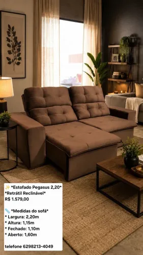 *Estofado Pegasus 2,20* *Retrátil Reclinável* R$ 1.579,00