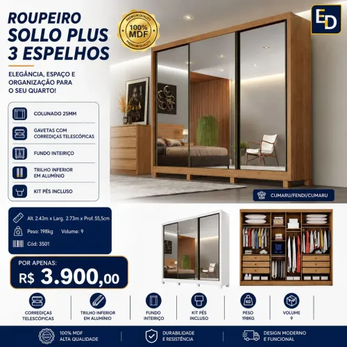 Roupeiro Sollo Plus c/ 03 espelhos e pés<br>