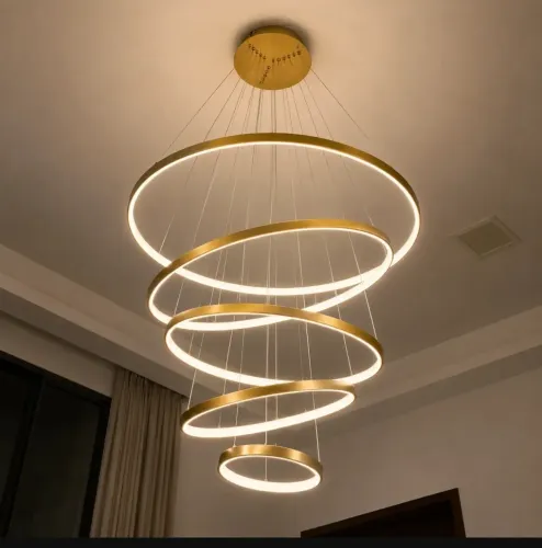 Lustre Pendente Led 5 Anéis Luz Quente dourado 