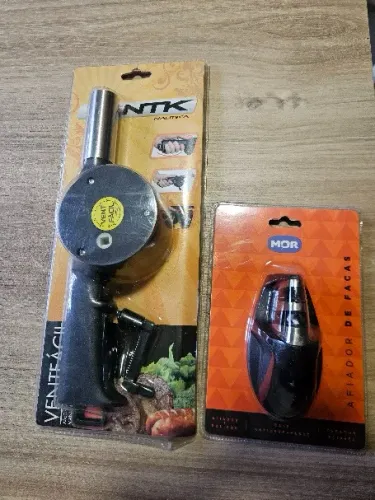 Kit Churrasco Afiador de Facas e Assoprador de Churrasqueira na Caixa