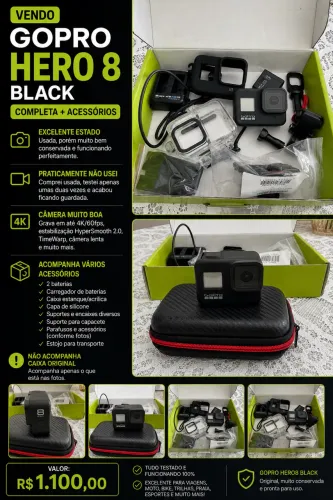 GoPro HERO8 Black + 2 Baterias + Vários Acessórios