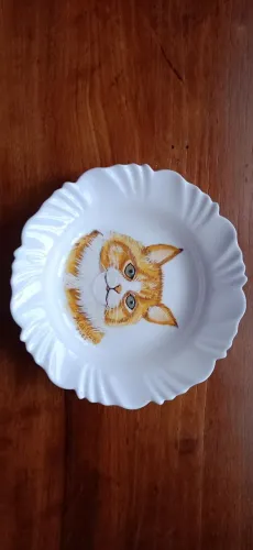 Prato de louça com pintura artesanal de gato