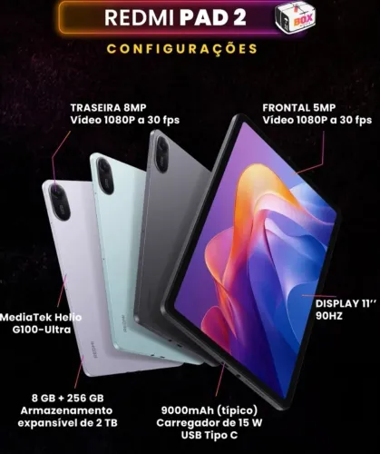 Tablet Xiaomi Redmi pad 2 verde ou roxo 256 gb