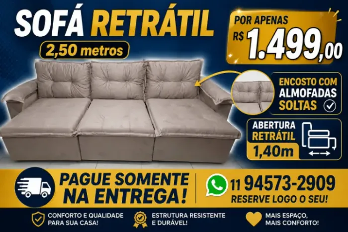 Sofá retrátil 2,50 metros por apenas R$ 1.499,00 São Paulo frete grátis 