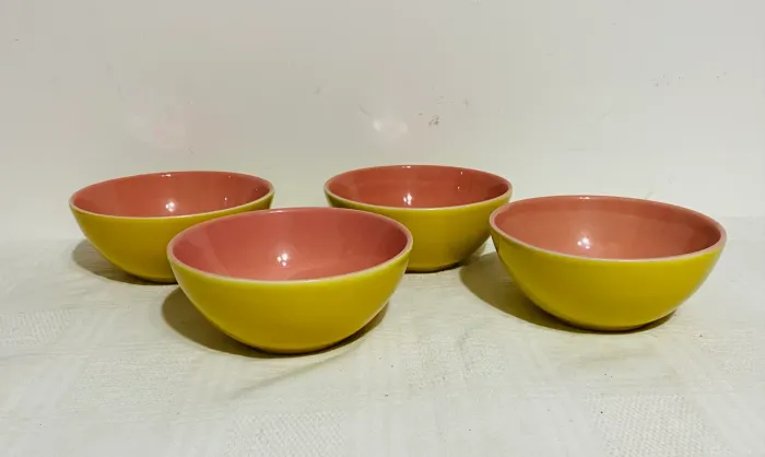 Jogo 4 Bowls Tigelas De Cerâmica Bicolor Amarelo E Rosa