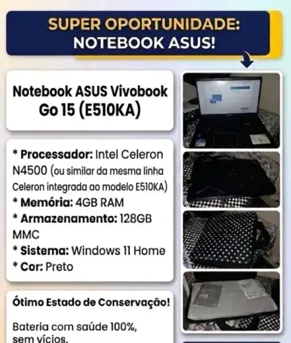 Notebook ASUS Vivobook Go 15 E510KA 4GB 128GB Win 11 Preto