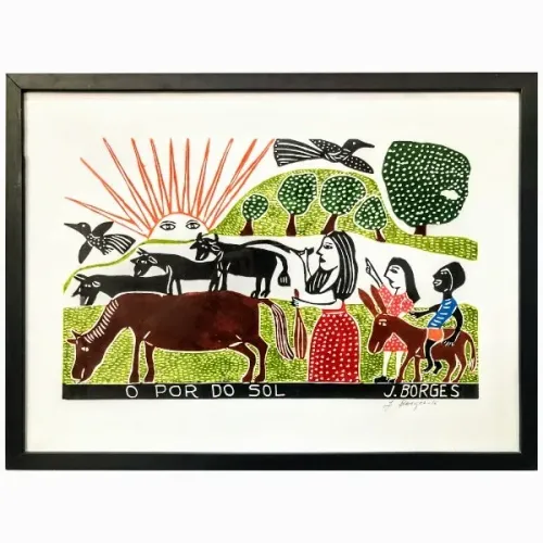 J. Borges, Quadro em Xilogravura, Original, Assinada pelo Artista, 52x70cm, com Moldura.