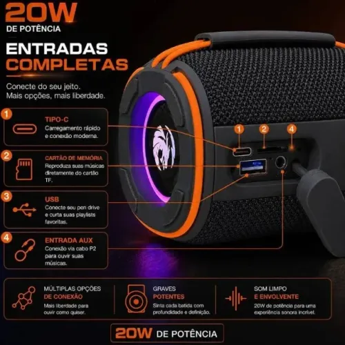 Caixa De Som Bluetooth Portátil, Iluminação RGB, 20w, Bateria recarregável - GP-292