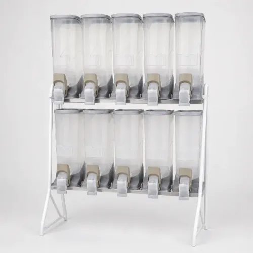 Expositor com 10 dispensers para venda de ração, grãos, cereais e outros produtos a granel
