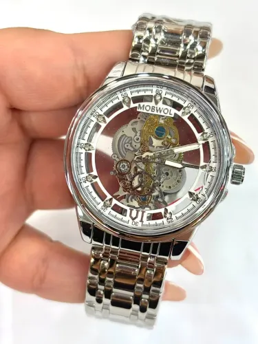 Relógio Mobwol Skeleton de luxo Aço Inoxidável Quartz*