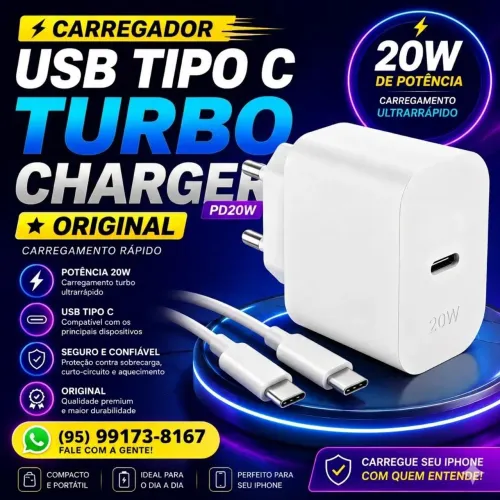 Carregador 20W Tipo C com cabo de 1m para Android