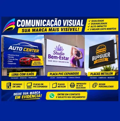 Comunicação visual: lona com ilhós, letreiro personalizado , placas metalon