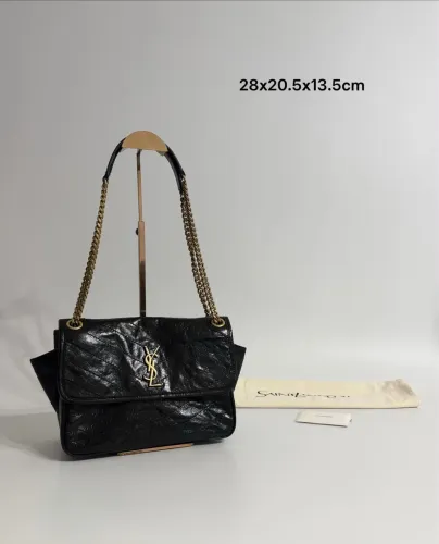 Bolsa de couro legítimo preta qualidade italiana Yves Saint Laurent com dourado