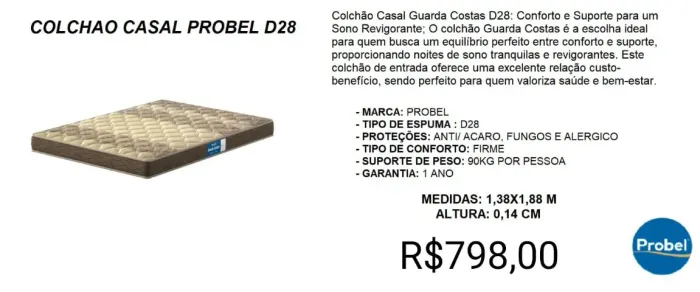 COLCHÃO CASAL PROBEL D28 A PRONTA-ENTREGA