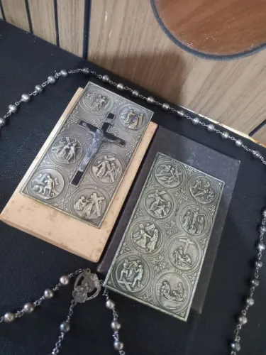 Conjunto vintage devotos em prata maciça oxidada 925