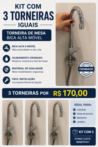Kit com 3 Torneiras de Mesa Cromadas