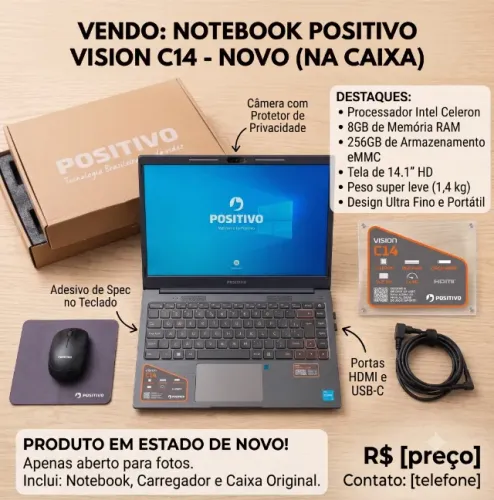 Notebook Positivo Vision C14 Intel 8GB RAM 256GB - NOVO (Na Caixa)