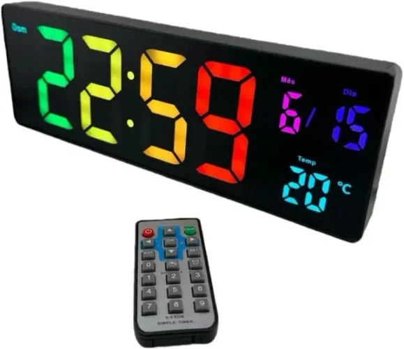 Relógio de Parede Digital RGB 32cm Cronômetro, Alarme, Calendário, Temperatura, Controle