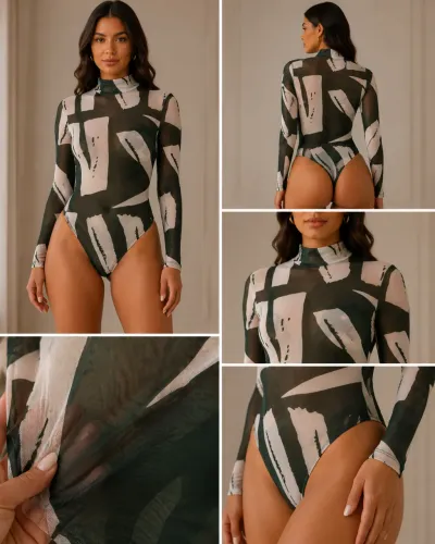 Bazar | Body de Tule Estampado Manga Longa