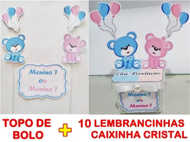 10 Caixinhas Cristal + Topo de Bolo Chá Revelação