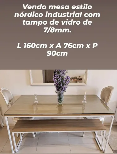 MESA BRANCA ESTILO NÓRDICO INDUSTRIAL COM TAMPO DE VIDRO