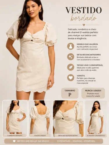 vestido em visco linho com manga bufante e coqueiros bordados