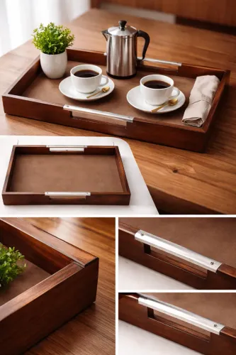 Bandeja de Madeira 40x30 cm com Couro e Alças de Metal - bem decorativa