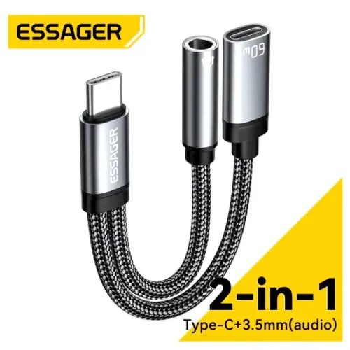 Adaptador Dac Usb C 2 em 1 Fone 3,5Mm e Carregador 60w Pd
