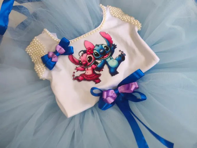 Vestido de Tule Azul com Estampa do Stitch - Infantil