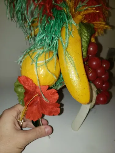 Tiara com frutas e penas coloridas