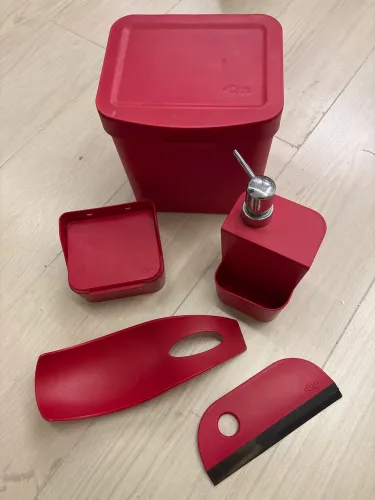 Kit Cozinha 5 peças Ou - Lixeira 20 X 15 X 20 cm Porta Detergente Rodinho Saleiro Descanso