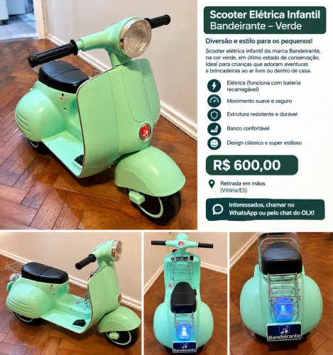 Scooter Elétrica Infantil Bandeirante Verde - Linda e Conservada