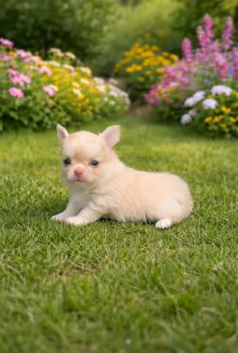 Chihuahua - Macho Exemplar da raça de cor clara e linhagem choco com nariz claro peludo