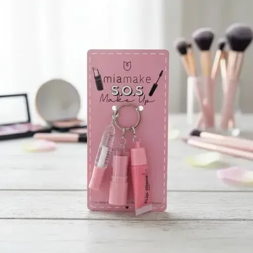 Kit Sos Mia Make 3 produtos mini bag carne chaveiro versão rosa gloss batom gel de sobran