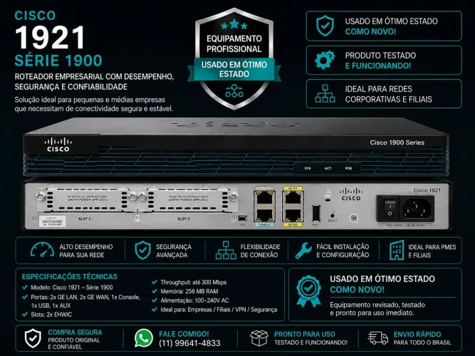 Cisco 1921 Série 1900 - Roteador Corporativo Gigabit | Firewall | VPN