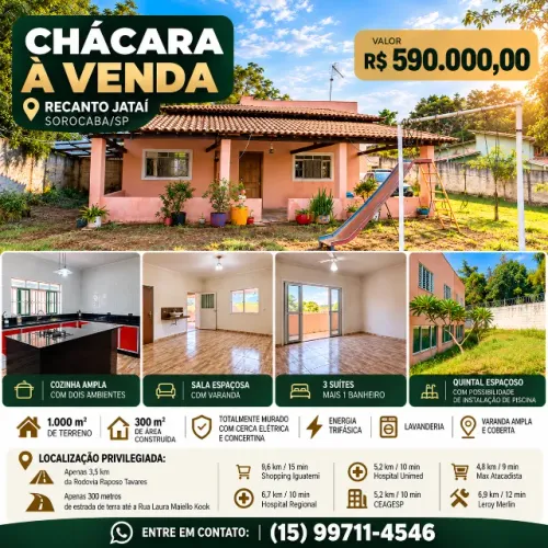 Chácara a venda-Terreno 1.000 m²-Área Construída 300 m²-Recanto Jataí-Sorocaba