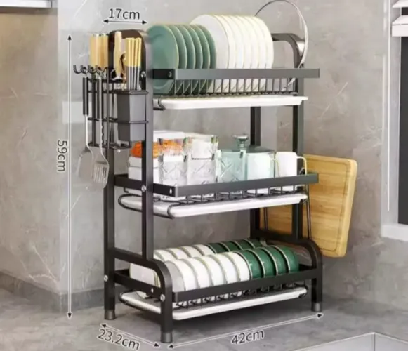 Organizador de pratos de cozinha 3 camadas - escorredor de louças multifuncional