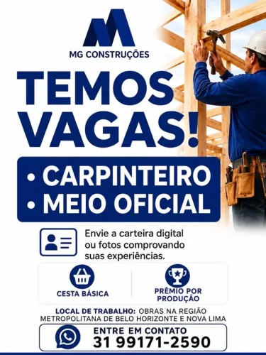 Vaga para Carpinteiro e Meio Oficial - Belo Horizonte e Nova Lima