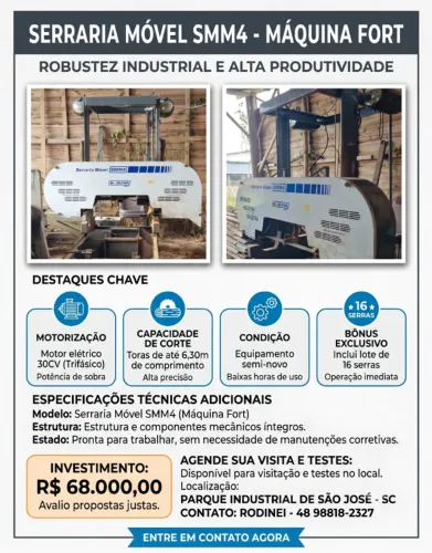 Serraria Móvel SMM4 Máquina Fort | Motor 30CV Trifásico | Corte de até 6,30m