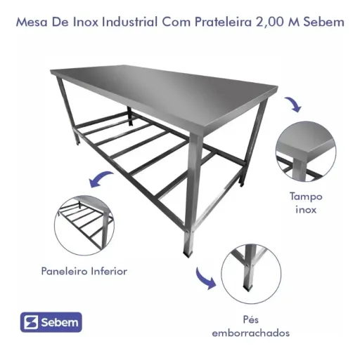 Mesa De Aço Inox Bancada Industrial Padaria 1,90x55