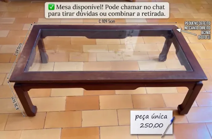 Mesa de Centro Clássica com Tampo de Vidro para reforma - Peça Única! (BAIXOU!)