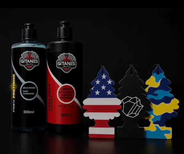 Kit automotivo: 1 Pretinho + 1 Shampoo + 2 Aromatizantes