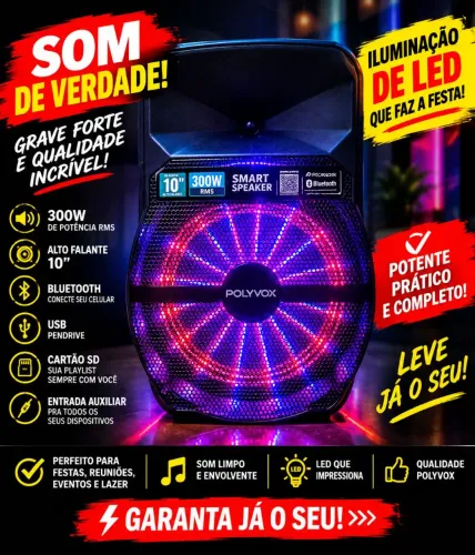 ? VENDO HOJE! CAIXA DE SOM POLYVOX 300W RMS ? SOM POTENTE + LED! ?