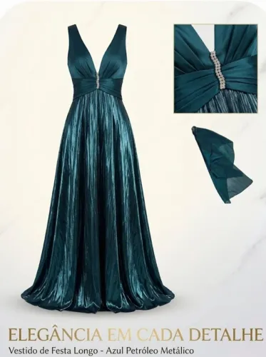 Vestido de festa azul petróleo metalizado