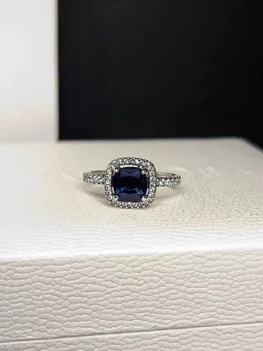 Anel Solitário pandoraPequeno Quadrado Azul Brilhante prata 925