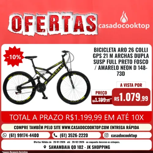 BICICLETA ARO 26 COLLI GPS 21 MARCHAS DUPLA SUSP. FULL PRETO FOSCO/AMARELO NEON D 148-73D