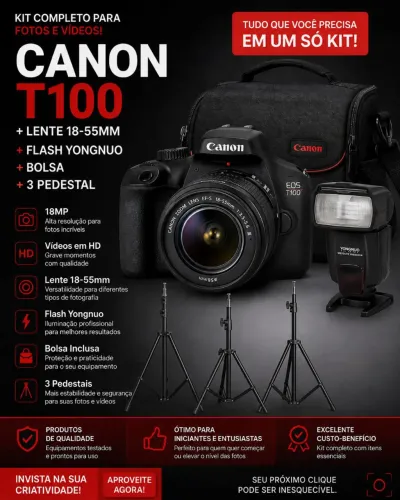 câmera profissional Canon T100 kiT