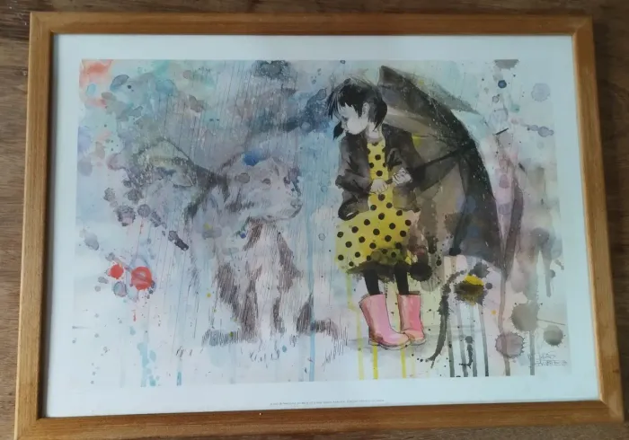 QUADRO GRAVURA cachorro na chuva
