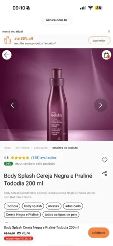 Body splash cereja negra e praline Natura lacrado